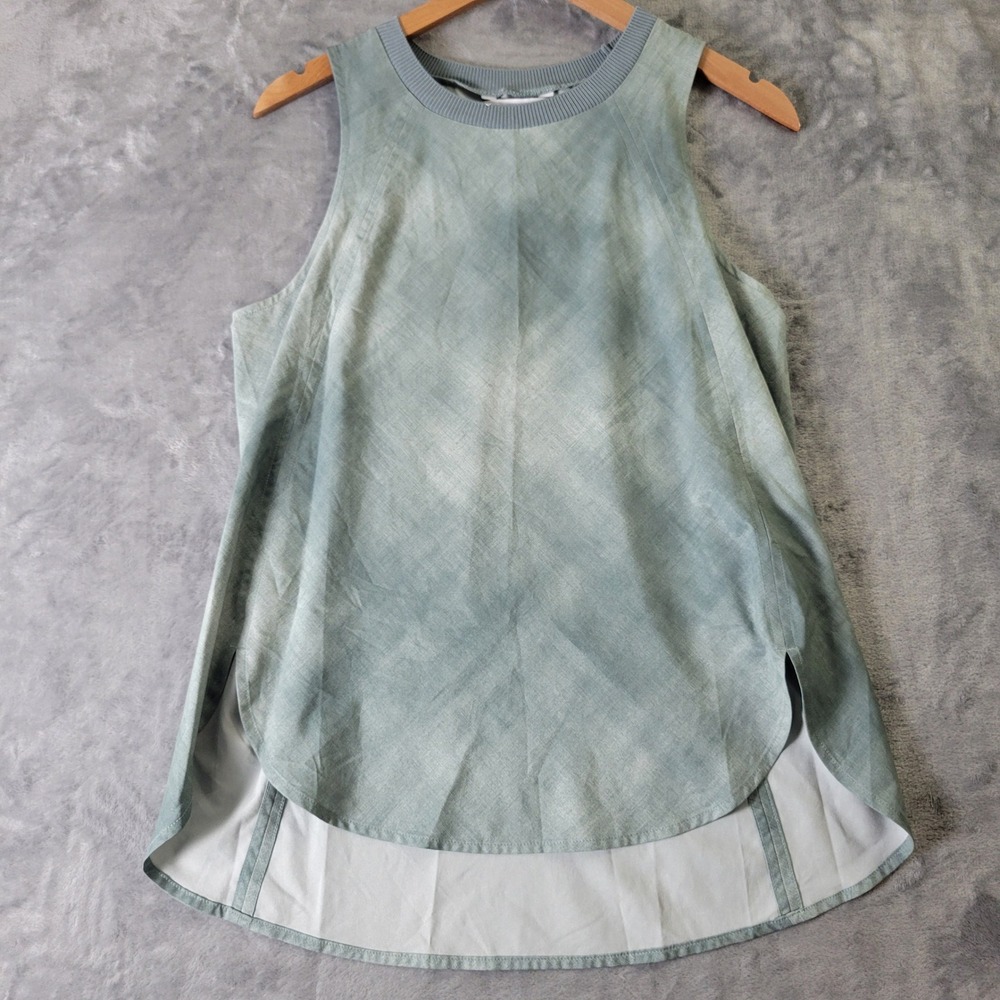 Athleta Sage Green Zephyr Print Tank Top Small Linen Blend High Low Hem